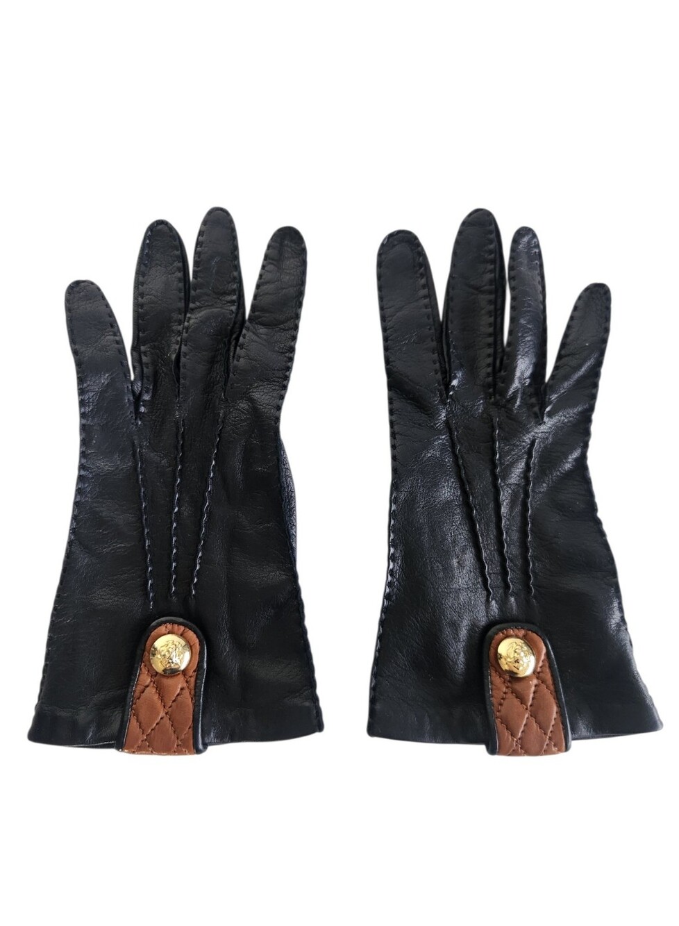 Vintage Portolano Black Leather Silk Lined Gloves Gold Lion Button Size Large